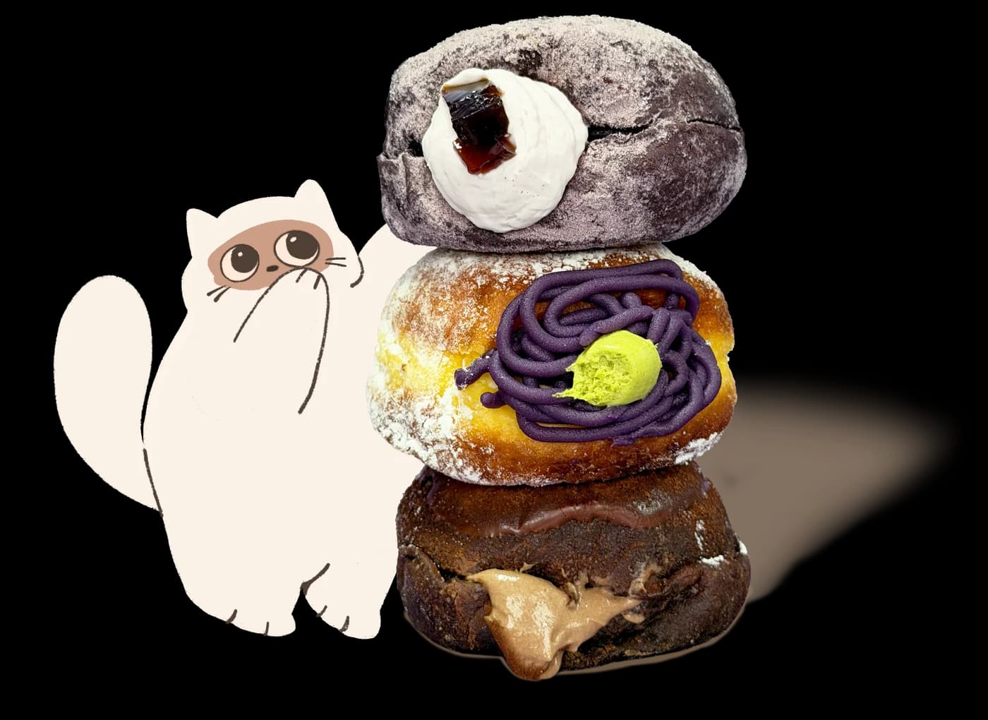 Stack of Dou Donut mochi donuts with mascot